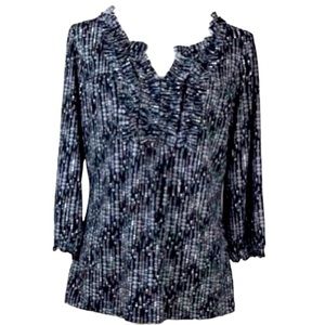 WORTHINGTON Stretch 3/4 Sleeve Pattern Ruffle V-neck Office Work Grandma Black L